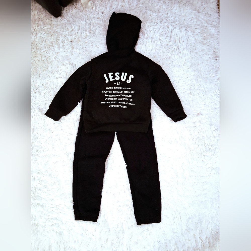 Shein 'Jesus Is..' Black Hoodie And Jogger Set Size 6-7Y